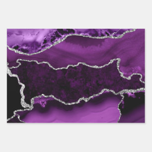 Feuille De Papier Cadeau Marbre d'agate violet et faux strass argenté