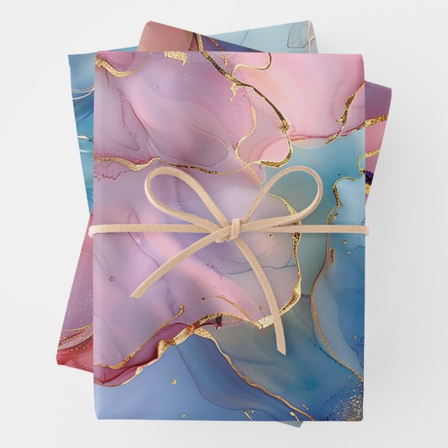 Feuille De Papier Cadeau Marbre floral or rose bleu (En situation)