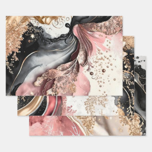 Feuille De Papier Cadeau Marbre Rose Doré Fleurs Paillettes Design Abstrait