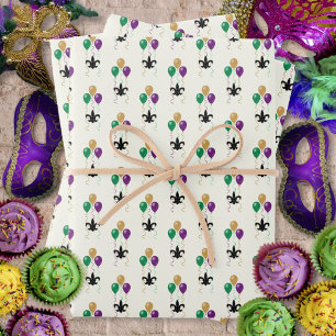 Feuille De Papier Cadeau Mardi Gras Black FleurDeLis avec des ballons sur i