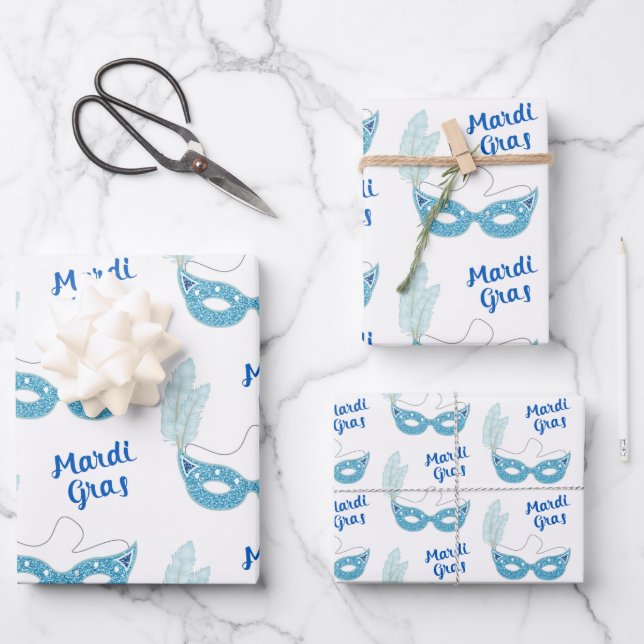 Feuille De Papier Cadeau Mardi Gras Célébration Masques Bleus Plumes (Recto)