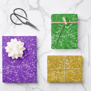 Feuille De Papier Cadeau Mardi Gras Faux Parties scintillant violet vert or