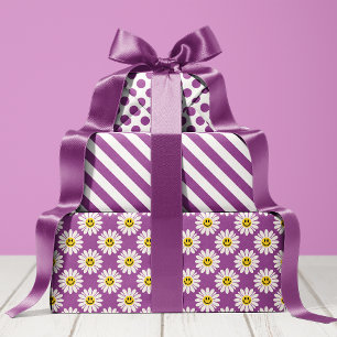 Feuille De Papier Cadeau Marguerite Violette Rayée et à Points 