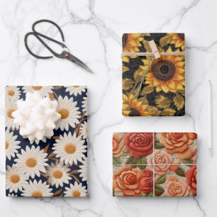 Feuille De Papier Cadeau Marguerites brodées, tournesols et Motifs Rose