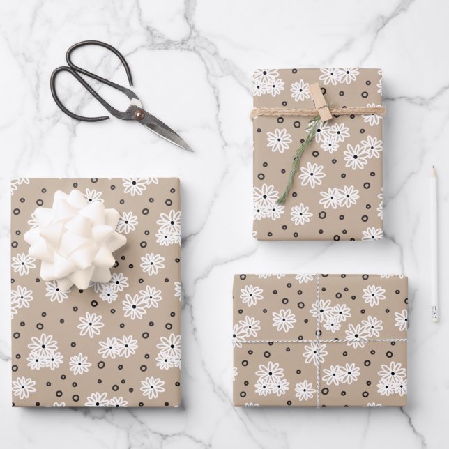 Feuille De Papier Cadeau Marguerites et points - Taupe, noir et blanc (Recto)
