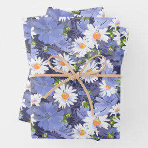Feuille De Papier Cadeau Marguerites Pâquerettes et Pervenche Floral