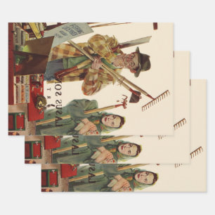 Feuille De Papier Cadeau Mari et femme vintage avec outils de jardinage