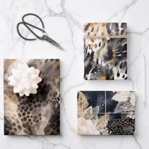 Feuille De Papier Cadeau Mariage Black Cream Léopard Animal Floral Fête de