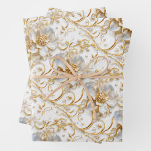 Feuille De Papier Cadeau Mariage blanc motif floral élégant or fleur