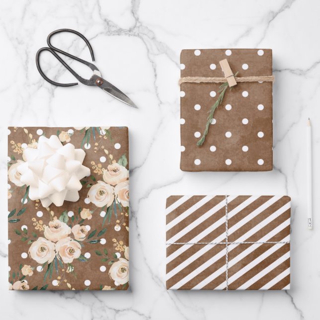 Feuille De Papier Cadeau Mariage Brown beige floral (Recto)