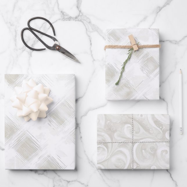 Feuille De Papier Cadeau Mariage Chic Crème Et Rayures Blanches (Recto)