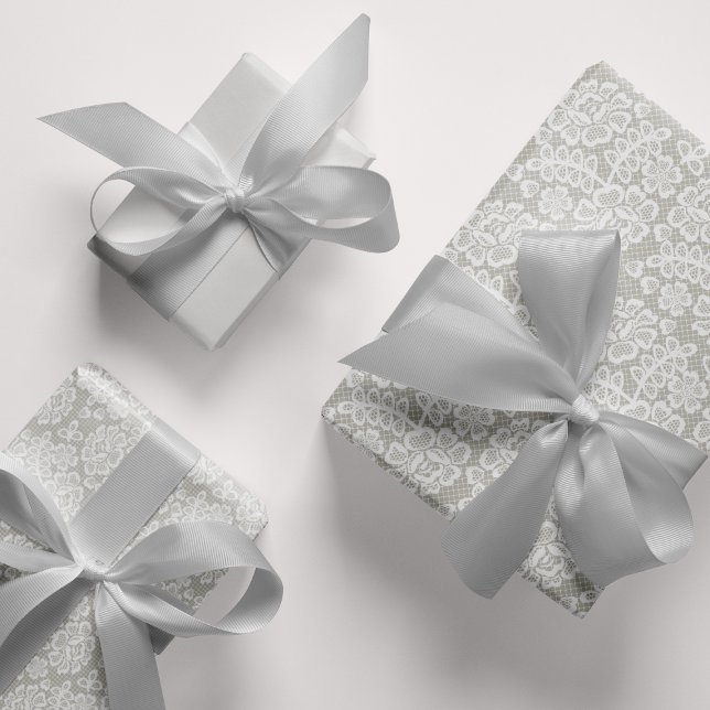 Feuille De Papier Cadeau Mariage de dentelle gris argent (Silver Gray Lace Wedding Wrapping Paper Sheets)