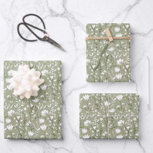 Feuille De Papier Cadeau Mariage de Fêtes des mariées florales vert et blan (Recto)