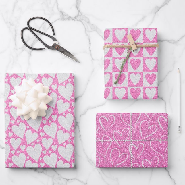 Feuille De Papier Cadeau Mariage de la Saint-Valentin Cœurs Pailletés Rose  (Recto)
