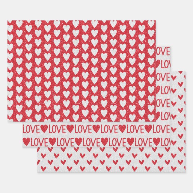 Feuille De Papier Cadeau Mariage de la Saint-Valentin Cœurs Pailletés Rouge (Lot)