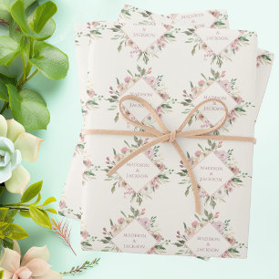 Feuille De Papier Cadeau Mariage Élégant Fleuris Rose Pivoine Monogramme