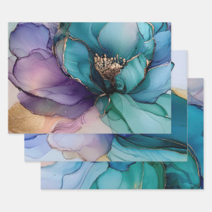 Feuille De Papier Cadeau Mariage Fleur Bleu Or Aqua Violet Shower de Mariée