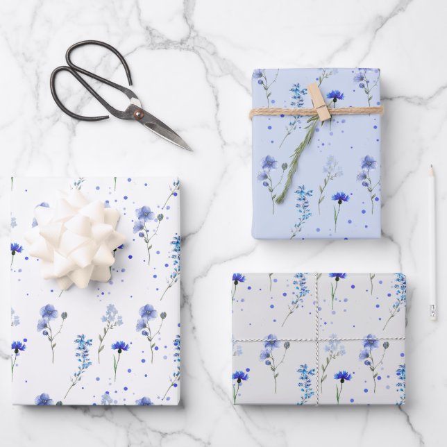 Feuille De Papier Cadeau Mariage Fleur sauvage bleu eau (Recto)