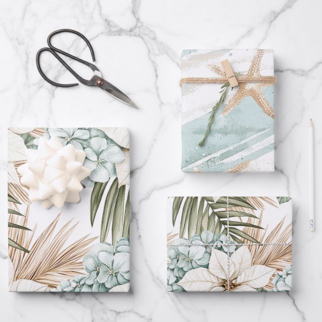 Feuille De Papier Cadeau Mariage Fleurs Blanches Bleu Tropical (Recto)