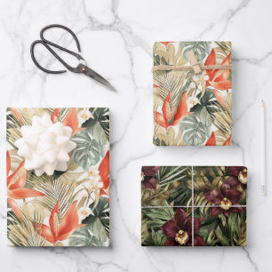 Feuille De Papier Cadeau Mariage Floral d'Anthurium Orange Tropical et d'Or