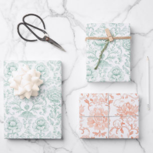 Feuille De Papier Cadeau Mariage Floral Menthe Chic Blanc Pêche