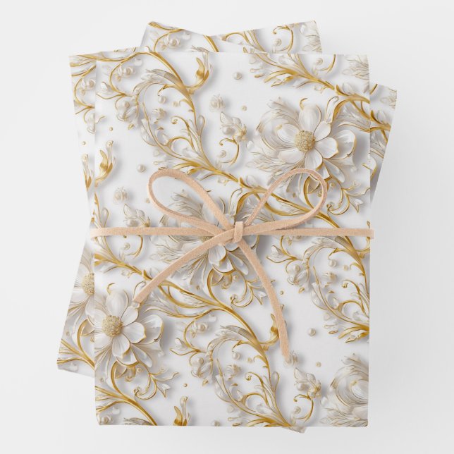 Feuille De Papier Cadeau Mariage or blanc motif floral élégant d'été  (En situation)