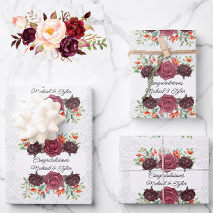 Feuille De Papier Cadeau Mariage Roses Bourgogne Personnaliser Noms 3 Damas