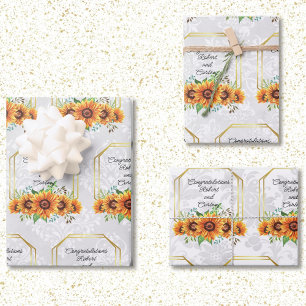 Feuille De Papier Cadeau Mariage Tournesol Noms Personnalisés sur Damas 3 