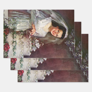 Feuille De Papier Cadeau Mariage Vintage, Mariée coupant le gâteau de maria