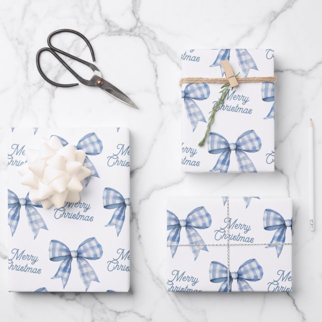 Feuille De Papier Cadeau Marine Bleu Buffalo Plaid Bow Check Joyeux Noël (Recto)
