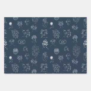 Feuille De Papier Cadeau Marine bleu et blanc Monster Line Art