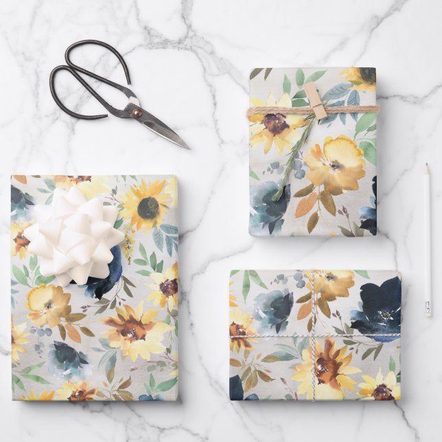 Feuille De Papier Cadeau Marine Bleu & Jaune d'or Peony & Sunflower Wrapp (Recto)