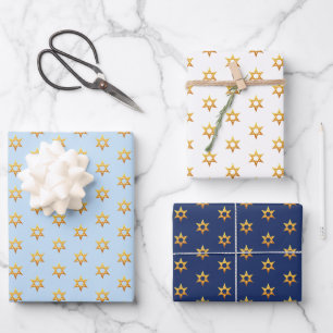 Feuille De Papier Cadeau Marine Blue and White Hanoukka Golden David Star