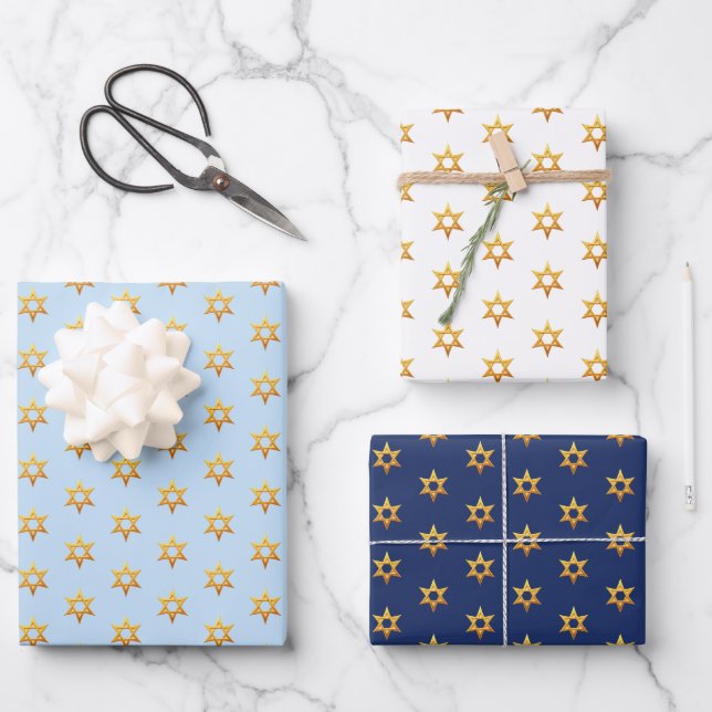 Feuille De Papier Cadeau Marine Blue and White Hanoukka Golden David Star (Recto)