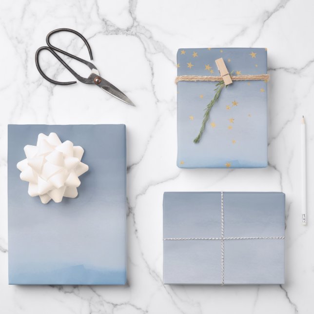 Feuille De Papier Cadeau Marine Blue Gold Stars Sky Aquarelle (Recto)