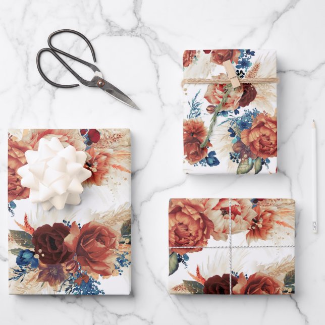 Feuille De Papier Cadeau Marine Blue Terracotta Floral Pampas Grass Botaniq (Recto)