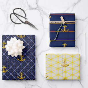 Feuille De Papier Cadeau Marine nautique de luxe et Ancre d'or