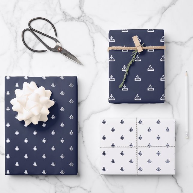 Feuille De Papier Cadeau Marine nautique et blanc (Recto)