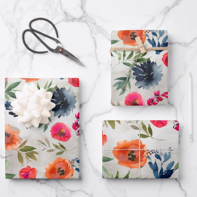 Feuille De Papier Cadeau Marine Peony rose Orange Jardin de Populations (Recto)