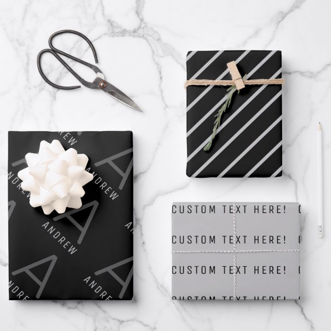 Feuille De Papier Cadeau Masculine Monogramme Personnalisé Noir Blanc (Recto)
