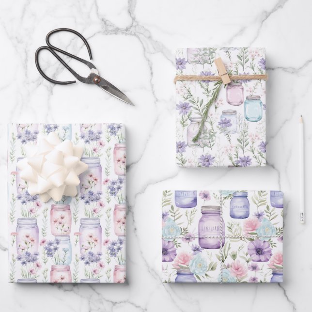Feuille De Papier Cadeau Mason Jars Purple Rose Florals Verdure (Recto)