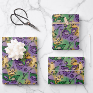 Feuille De Papier Cadeau Masques et perles de Mardi Gras violet vert jaune