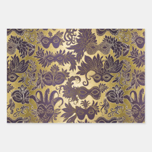 Feuille De Papier Cadeau Masques mascarades mardi Gras Gold et violet