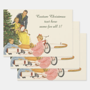 Feuille De Papier Cadeau Matin de Noël vintage, famille ouvrant des cadeaux