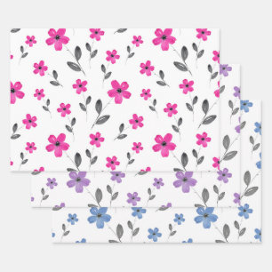 Feuille De Papier Cadeau Mauve bleu rose Cinq fleurs d'aquarelle pétale