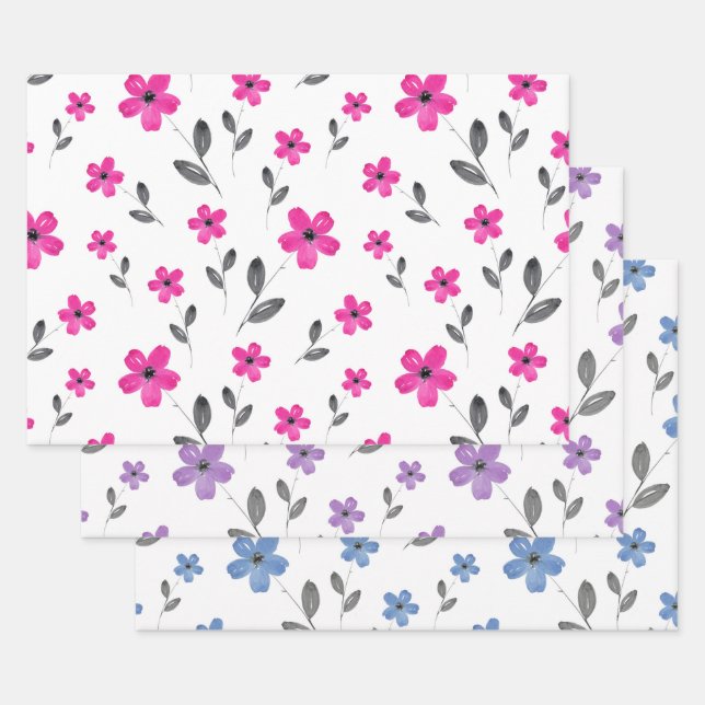 Feuille De Papier Cadeau Mauve bleu rose Cinq fleurs d'aquarelle pétale (Lot)