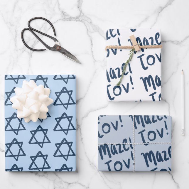 Feuille De Papier Cadeau MAZEL TOV Bar Bat mitzvah bracelet juif bleu (Recto)