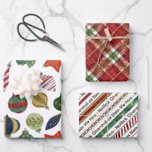 Feuille De Papier Cadeau Mélange de Noël - BG tartan, baubles et ruban