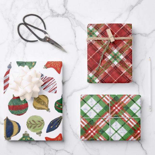 Feuille De Papier Cadeau Mélange de Noël - BG tartan et baubles (Recto)