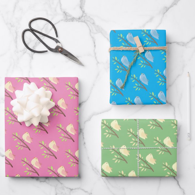 Feuille De Papier Cadeau Mélange oiseau sur une branche Envelopper des feui (Recto)